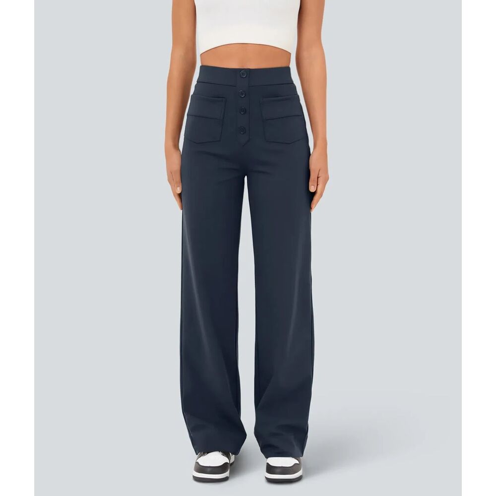 NWT Halara DayStretch High Waisted Pockets Straight Leg Casual Pants Blue L